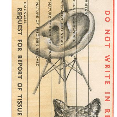 A vintage medical form by Jason DAquino, inked in graphite, showcases two owl sketches on chairs. It contains sections for patient details and diagnosis, with a red warning on the right side stating, Do not write in red block.