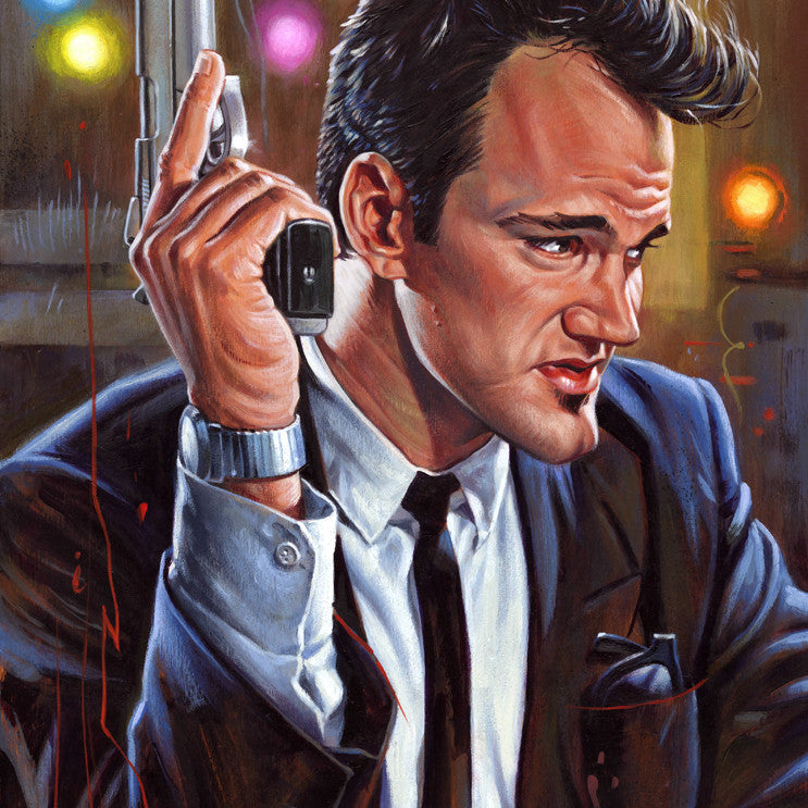 A man in a suit, possibly Mr. Brown, holds a gun to his face with a solemn expression. His slicked-back hair and dark tie contrast the colorful, blurred lights behind him. Jason Edmistons signature acrylic on wood panel technique adds dramatic paint streaks for effect.