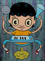 A wide-eyed cartoon child from Jellykoe, holding a microphone and salt shaker, plays a keyboard while standing on a mischievous cloud against a textured, multicolored background.