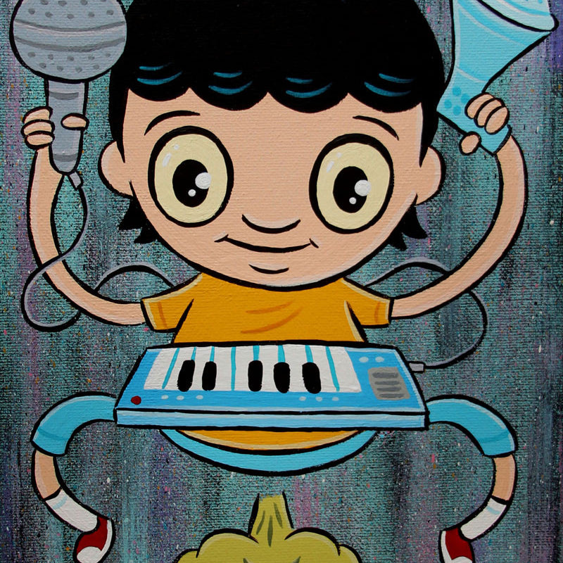 A wide-eyed cartoon child from Jellykoe, holding a microphone and salt shaker, plays a keyboard while standing on a mischievous cloud against a textured, multicolored background.