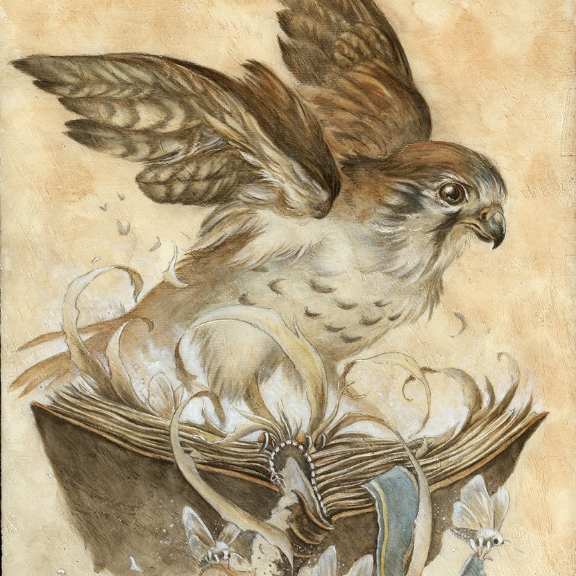 A bird with brown and white feathers, resembling a watercolor by Sarah Joncas, emerges from an open book amid swirling paper ribbons and moths, crafting a whimsical scene as if ready to fly from its Kestrel Roost.