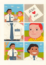 Comic strip with six panels: A man hands a Jesus <3 You letter to someone smiling. Close-up reveals the mans name tag and tie labeled JESUS. In classic Joan Cornellà fashion, the final panel shows his torn pants exposing his grinning buttocks—an unexpected twist of humor from Joan Cornellà.