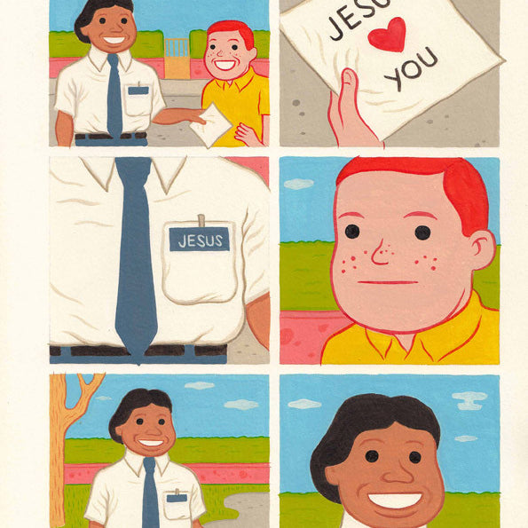 Comic strip with six panels: A man hands a Jesus <3 You letter to someone smiling. Close-up reveals the mans name tag and tie labeled JESUS. In classic Joan Cornellà fashion, the final panel shows his torn pants exposing his grinning buttocks—an unexpected twist of humor from Joan Cornellà.