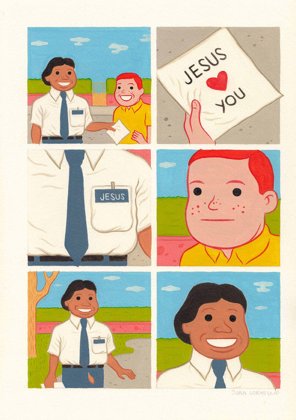 Comic strip with six panels: A man hands a Jesus <3 You letter to someone smiling. Close-up reveals the mans name tag and tie labeled JESUS. In classic Joan Cornellà fashion, the final panel shows his torn pants exposing his grinning buttocks—an unexpected twist of humor from Joan Cornellà.