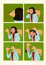 In a Joan Cornellà six-panel comic, a dog with a human face sniffs a smiling persons head. In true Jimbo The Jam style, the transformation occurs: the person ends up with a dogs head and grins widely, while the dog takes on the human face.