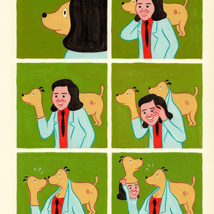In a Joan Cornellà six-panel comic, a dog with a human face sniffs a smiling persons head. In true Jimbo The Jam style, the transformation occurs: the person ends up with a dogs head and grins widely, while the dog takes on the human face.