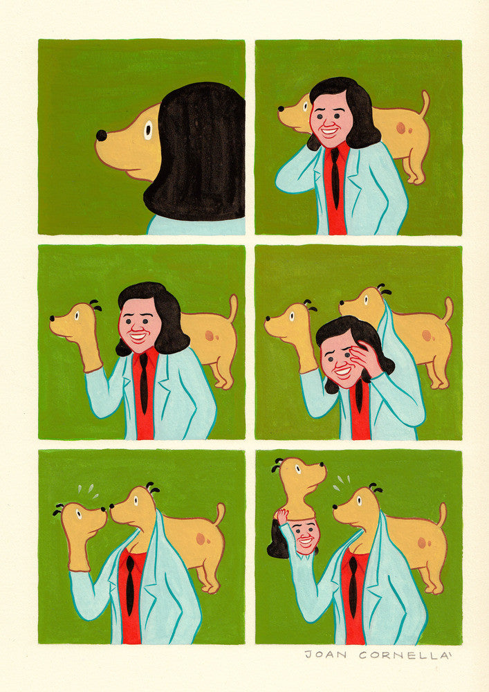 In a Joan Cornellà six-panel comic, a dog with a human face sniffs a smiling persons head. In true Jimbo The Jam style, the transformation occurs: the person ends up with a dogs head and grins widely, while the dog takes on the human face.
