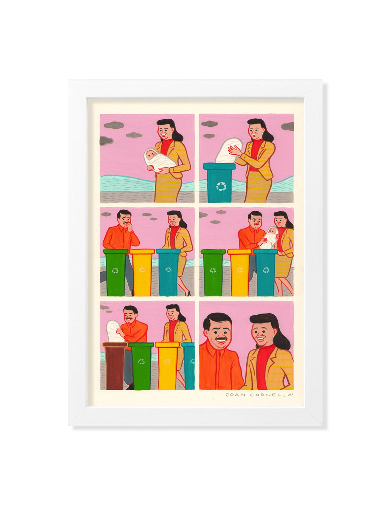 In this limited edition Joan Cornellà-style comic print, a woman humorously tries to recycle a head in different colored bins. A man observes as every attempt fails until they share a laugh, transforming recycling mishaps into giclee art humor.