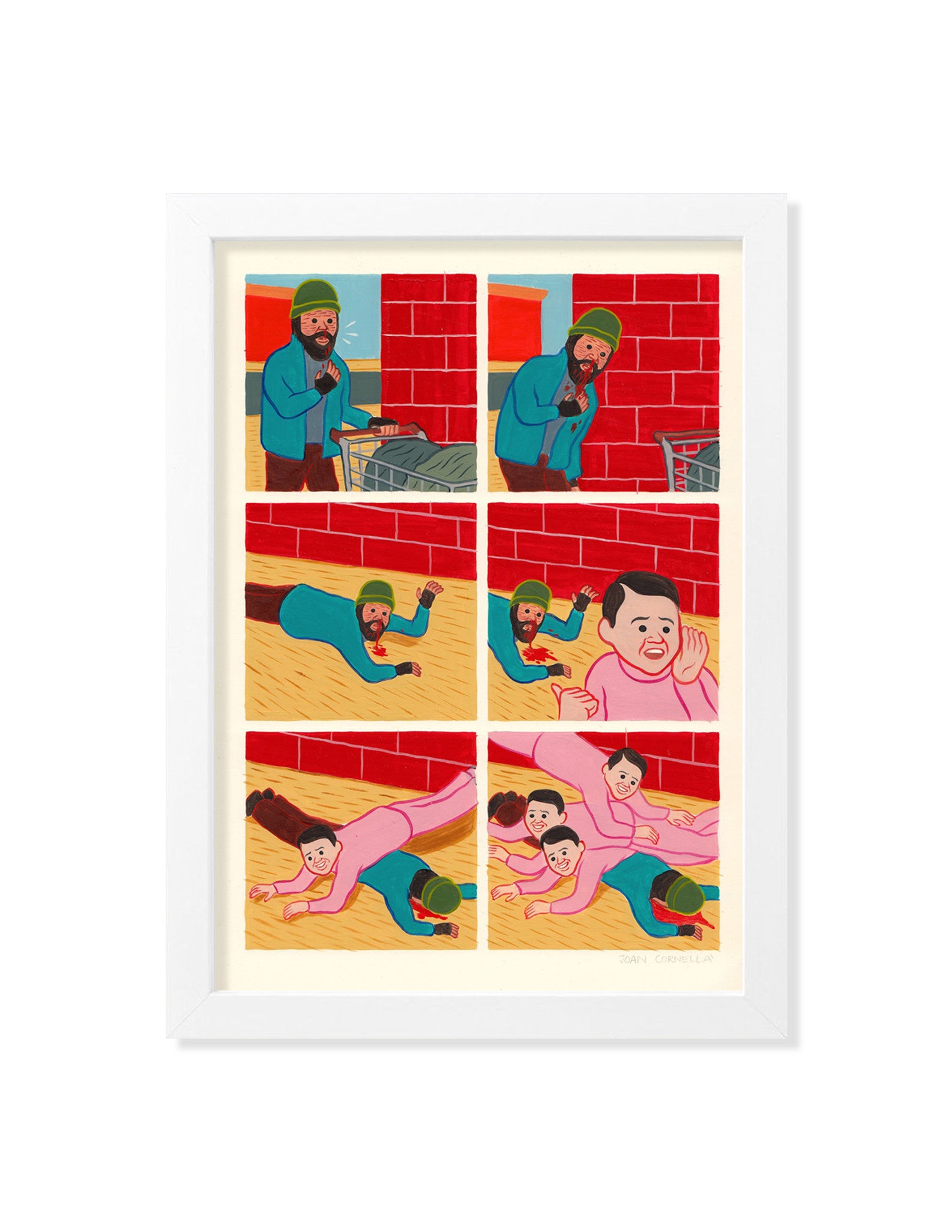 This Joan Cornellà comic strip features a bearded, helmeted character diving into a sand-like surface and colliding with another surprised figure in pink. Available as a custom framed fine art giclee.