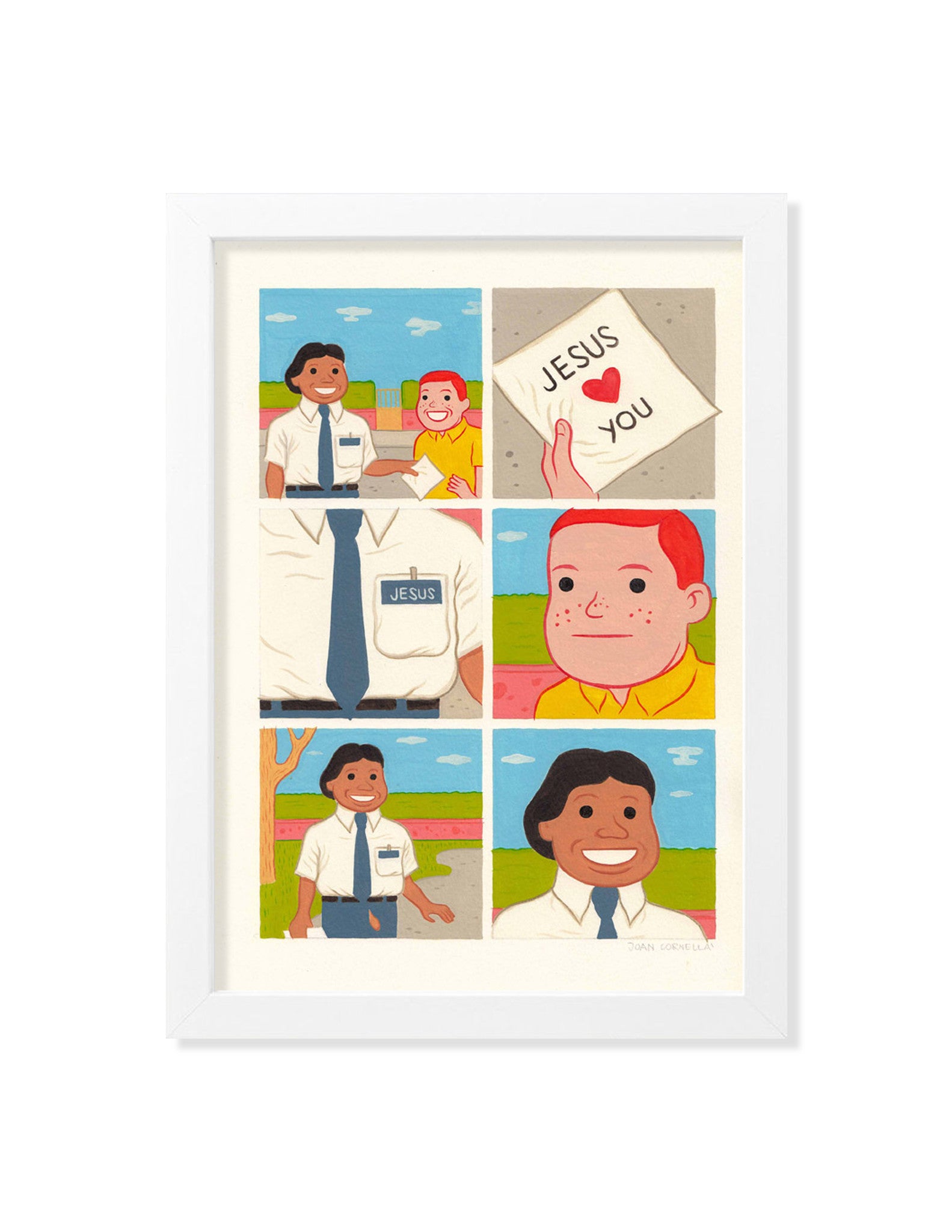 A giclée-style comic by Joan Cornellà features someone with a Jesus name tag giving a Jesus <3 You note to a smiling passerby, intercutting close-ups of their faces and the note, culminating in shared smiles.