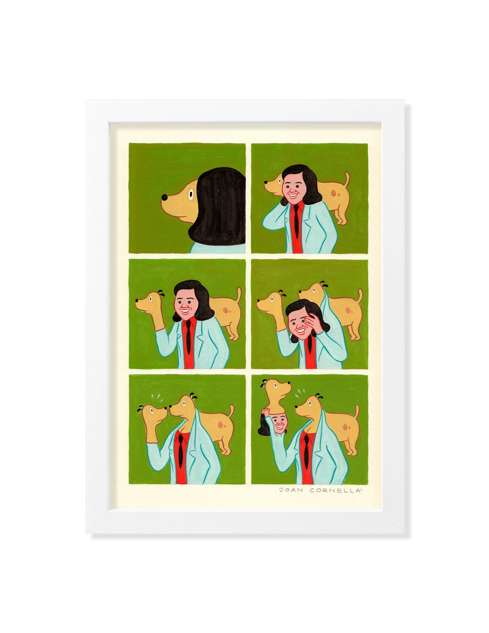 In a Joan Cornellà-esque comic strip, a person and dog comically swap heads. Against a green backdrop, the suited person with a red tie brings an absurd twist to this fine art giclee print—a delight for Jimbo The Jam fans.