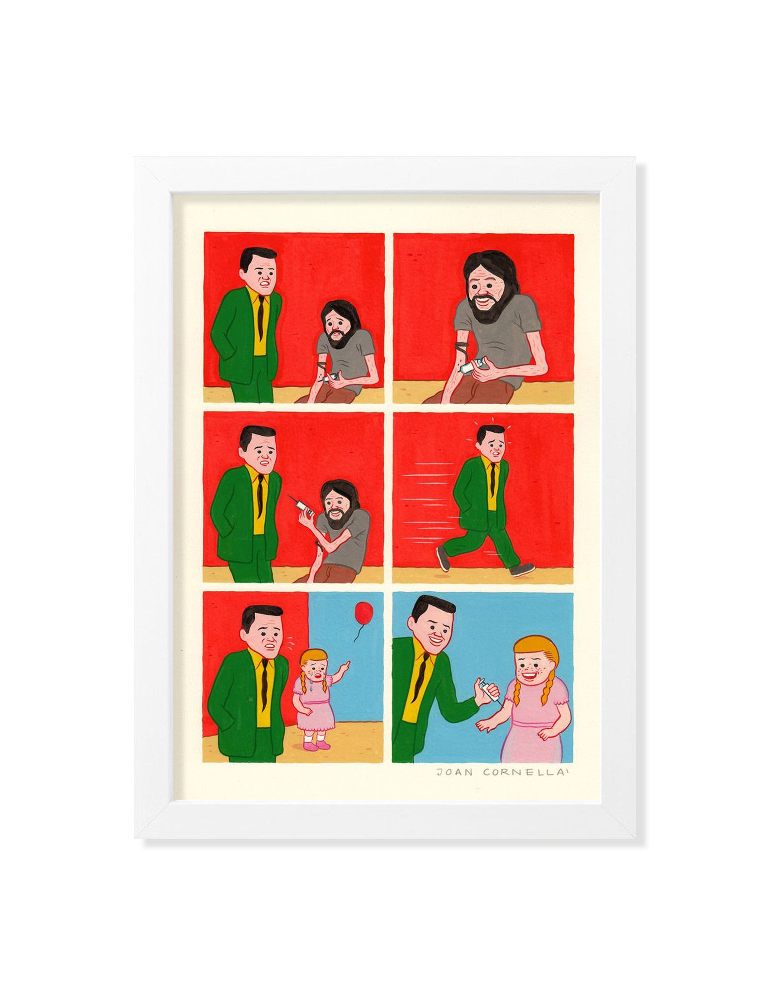A six-panel comic strip in Joan Cornellàs style shows a man in a green suit giving beer to a rugged man who runs off happily and giving a balloon to a smiling little girl, suggesting adult items exchanged for childlike joy.