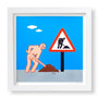 A cartoon figure in Joan Cornellàs style humorously undresses next to a triangular roadwork sign, grinning mischievously while holding a tool by a dirt mound. The blue sky with clouds provides an ideal backdrop for a vibrant screen print.