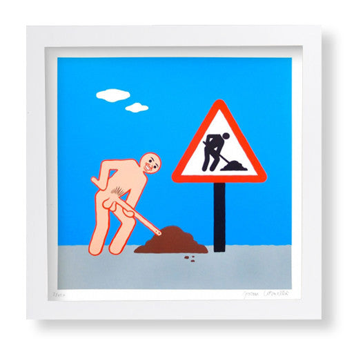 A cartoon figure in Joan Cornellàs style humorously undresses next to a triangular roadwork sign, grinning mischievously while holding a tool by a dirt mound. The blue sky with clouds provides an ideal backdrop for a vibrant screen print.