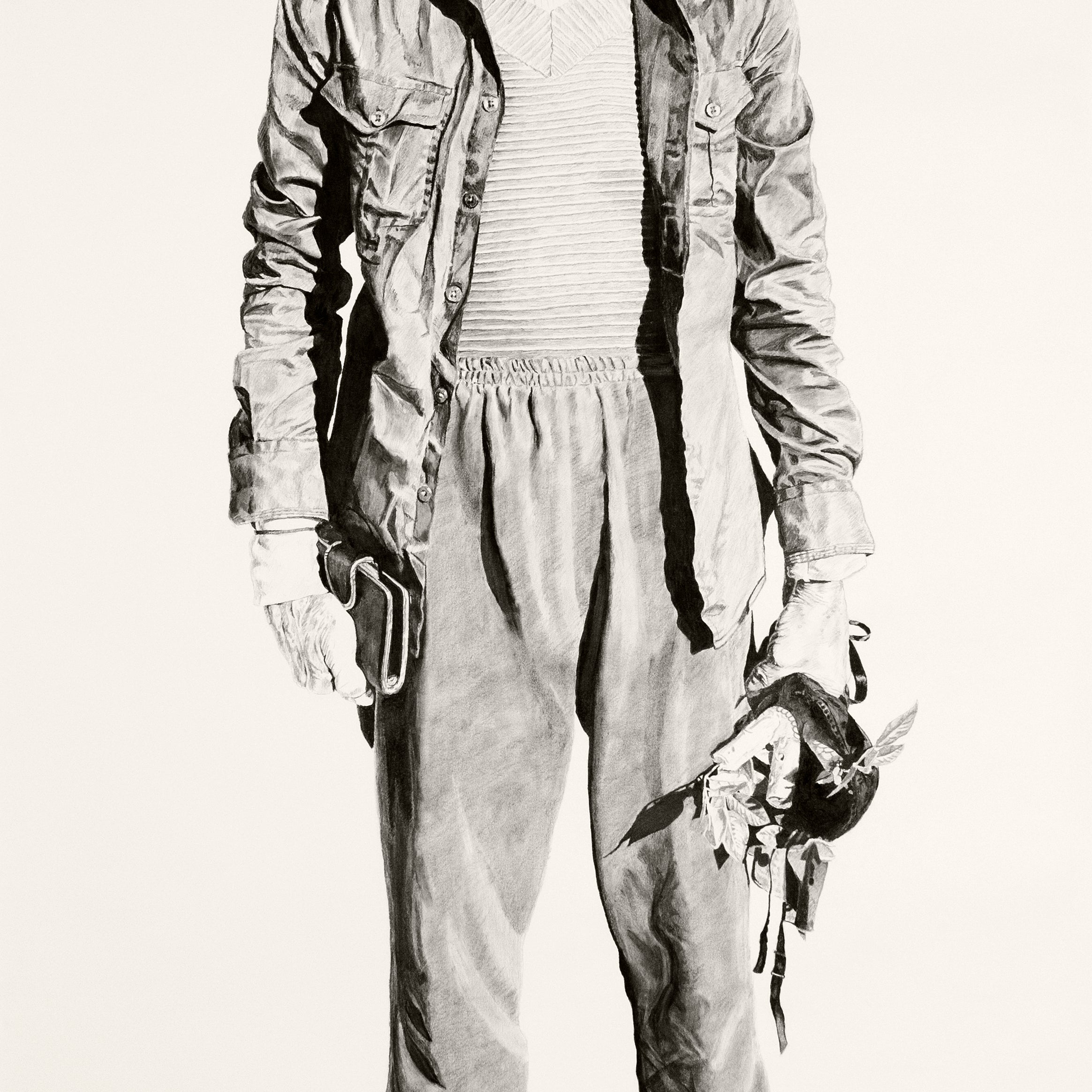 A monochromatic drawing from Joel Phillips captures an elderly man in a cap, jacket, and loose pants. Holding a small figurine and a book, his detailed posture is beautifully rendered with charcoal and graphite, reflecting the style seen at San Francisco art fairs.