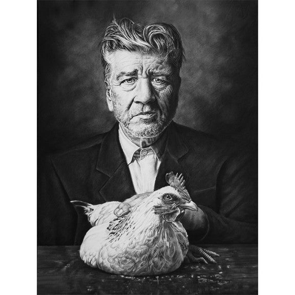 A Joel Phillips fine art giclee print presents a black and white portrait of an older man with textured hair, in a dark suit and light shirt. Seated at a table, he holds a chicken named Davids Lunch, gazing directly at the viewer.