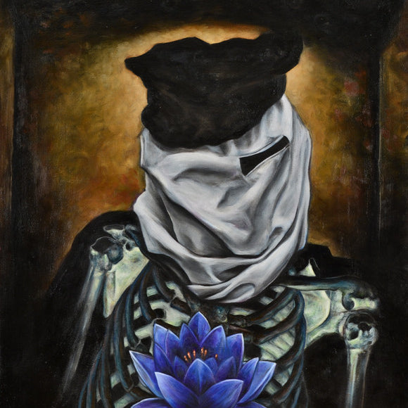 A skeletal figure with a cloth-covered head clutches a vibrant blue lotus against its ribcage, set against a dark, mysterious background. This surreal piece reflects Joemurs signature style, akin to his Elephant Man oil on canvas series.