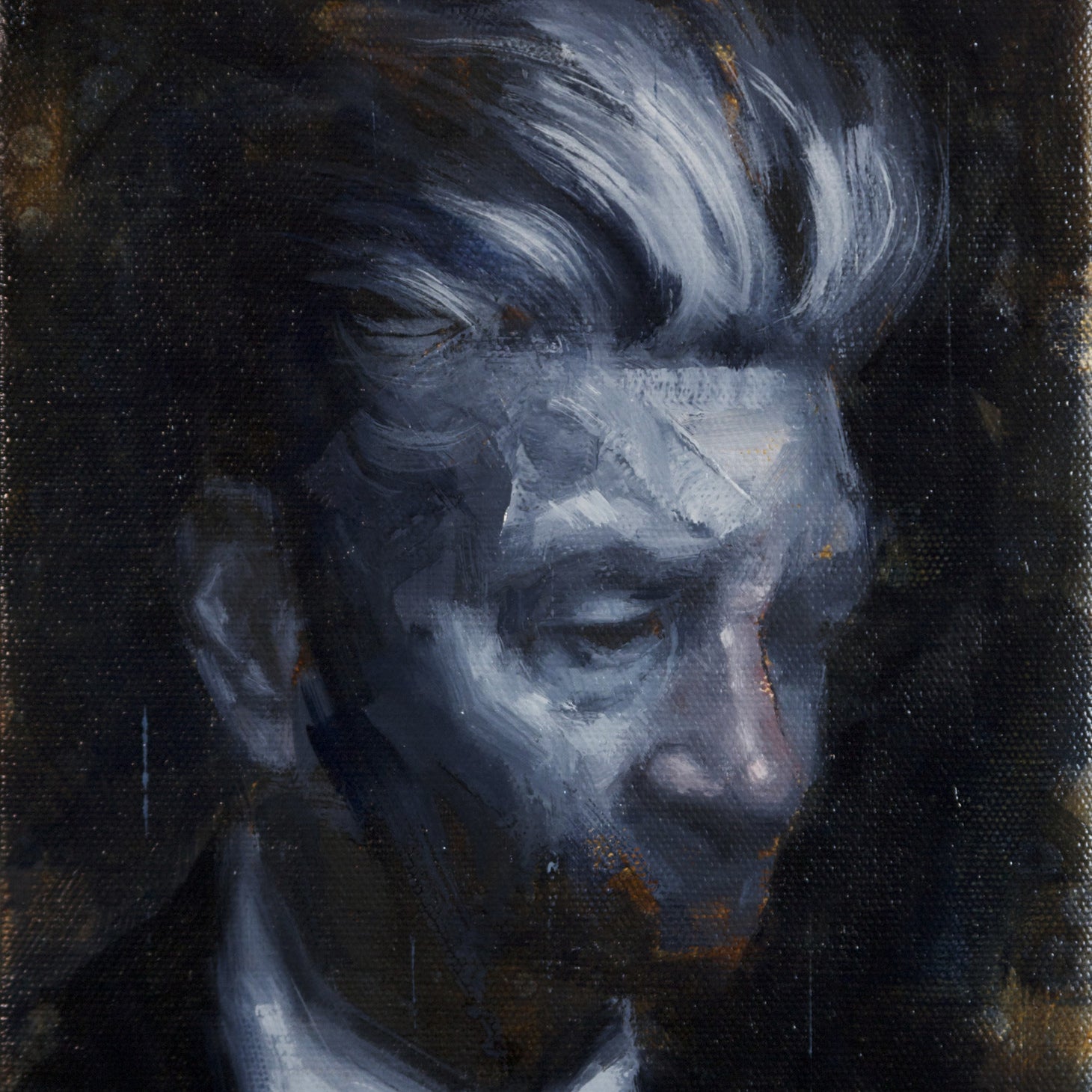 An oil painting by John Wentz features an older adult with high, swept-back gray and blue hair, wearing a dark suit and white shirt set against a dark, textured backdrop.