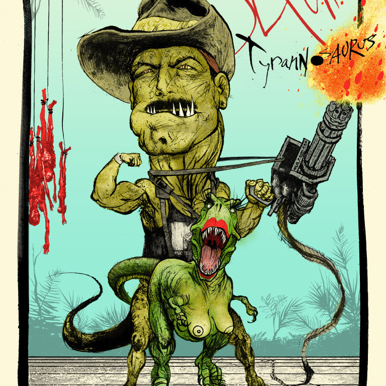 In a vibrant screen print style, muscular character Jon Smith, adorned with a cowboy hat and mustache, wields a gun atop a green dinosaur-like creature. The lively background features palm trees and red abstracts alongside bold text stating Sexual Tyrannosaurus.