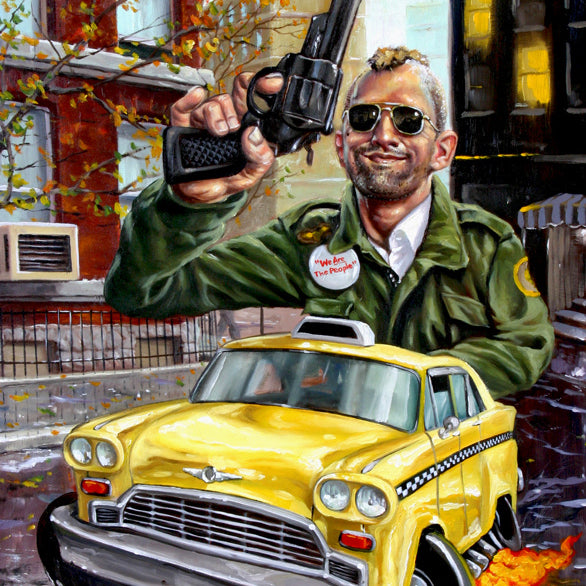 A man in sunglasses and a military jacket leans out of a yellow taxi with a large revolver, surrounded by red brick buildings and autumn leaves. The scene epitomizes Jonathan Bergerons Scorsese tribute, evoking iconic Taxi Driver art with its distorted perspective.