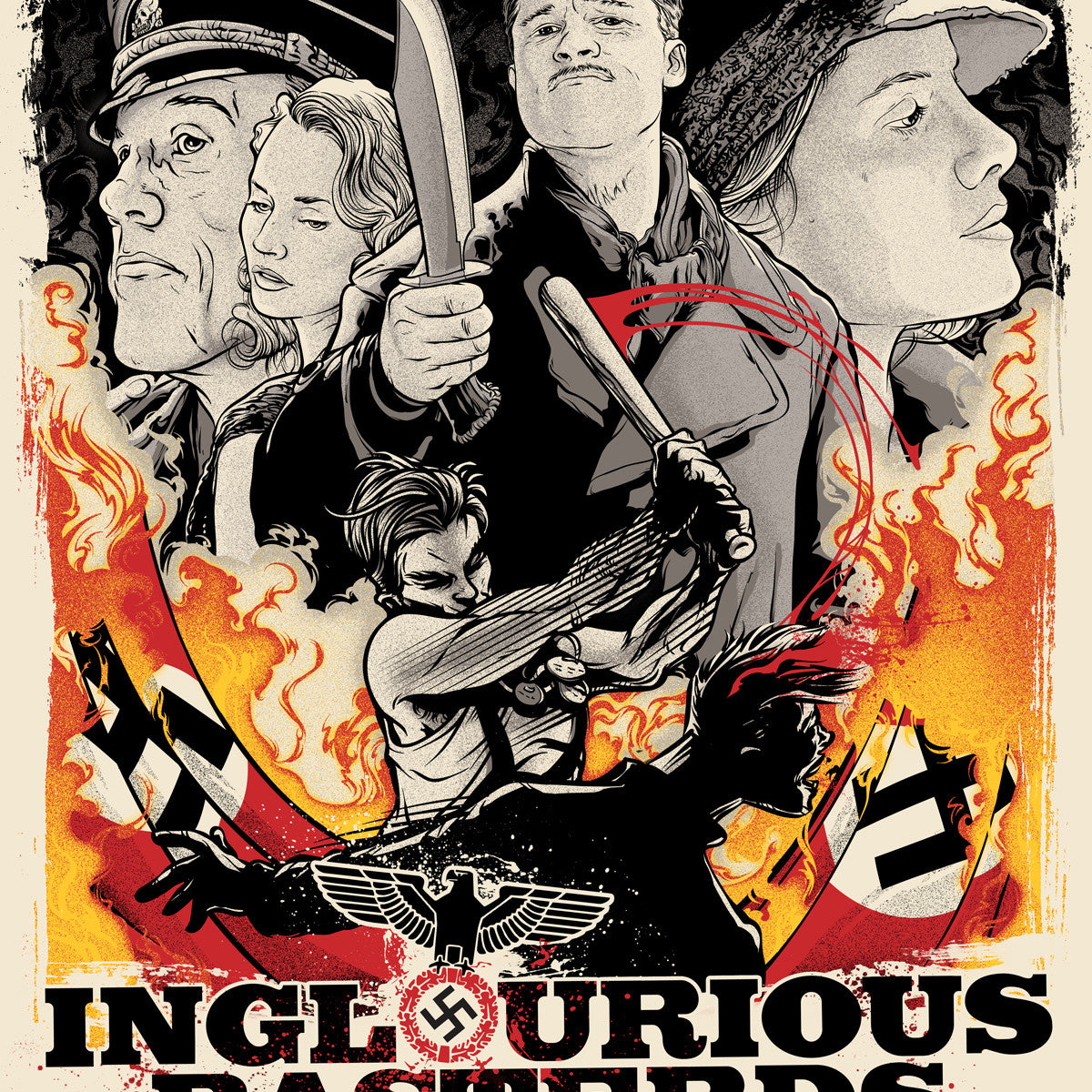 This Joshua Budich stylized poster for Inglourious Basterds showcases illustrated soldiers and a woman with a gun in dramatic red and black. An eagle emblem partly obscured is at the center, with title and event details at Castro Theatre San Francisco.