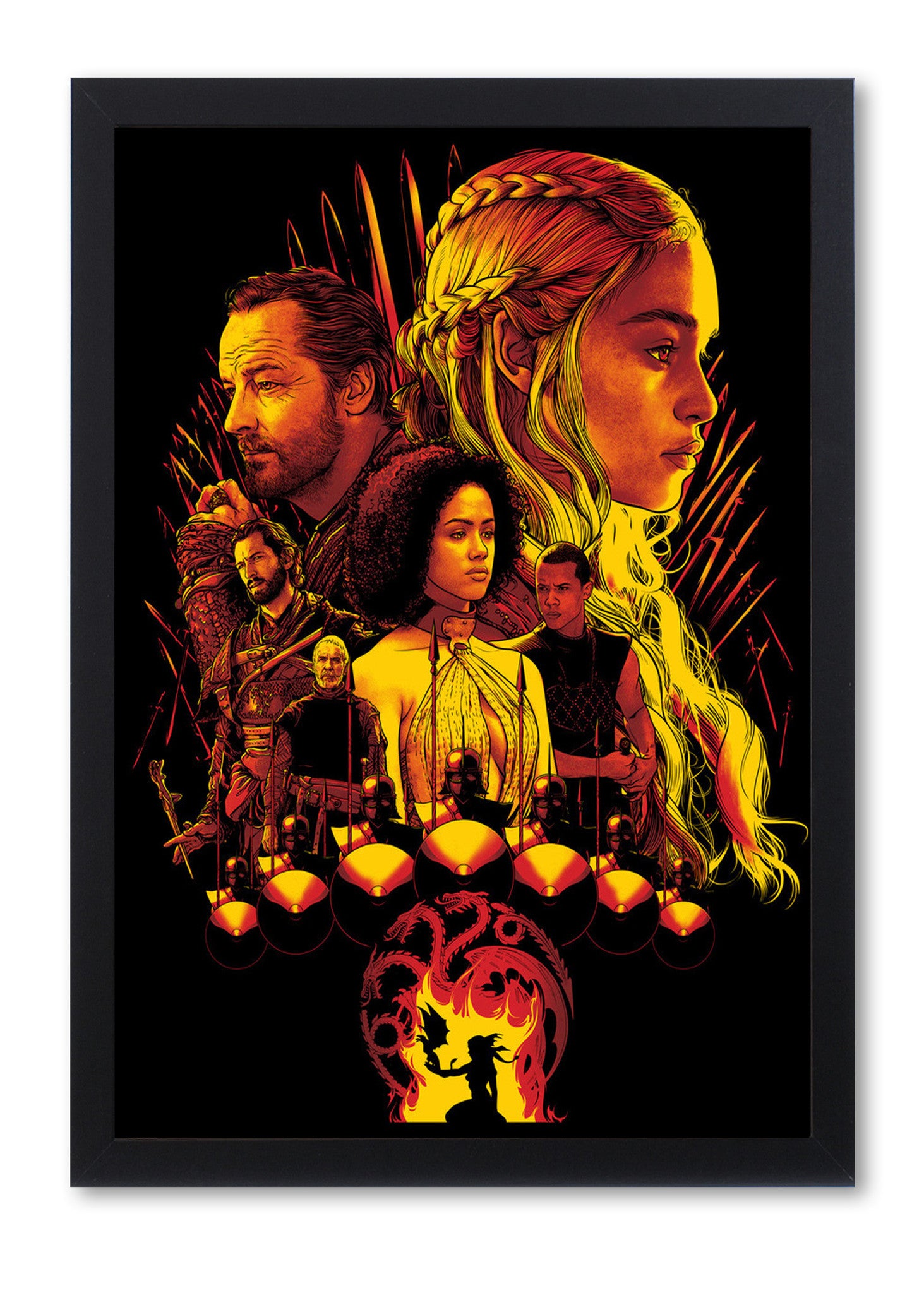 Framed, vibrant Joshua Budich screen print featuring characters from a fantasy series. A blonde-haired woman is central, surrounded by others with swords as a dramatic backdrop. Below is a fiery emblem showcasing House Targaryens dragon, evoking Lord of the Thrones.