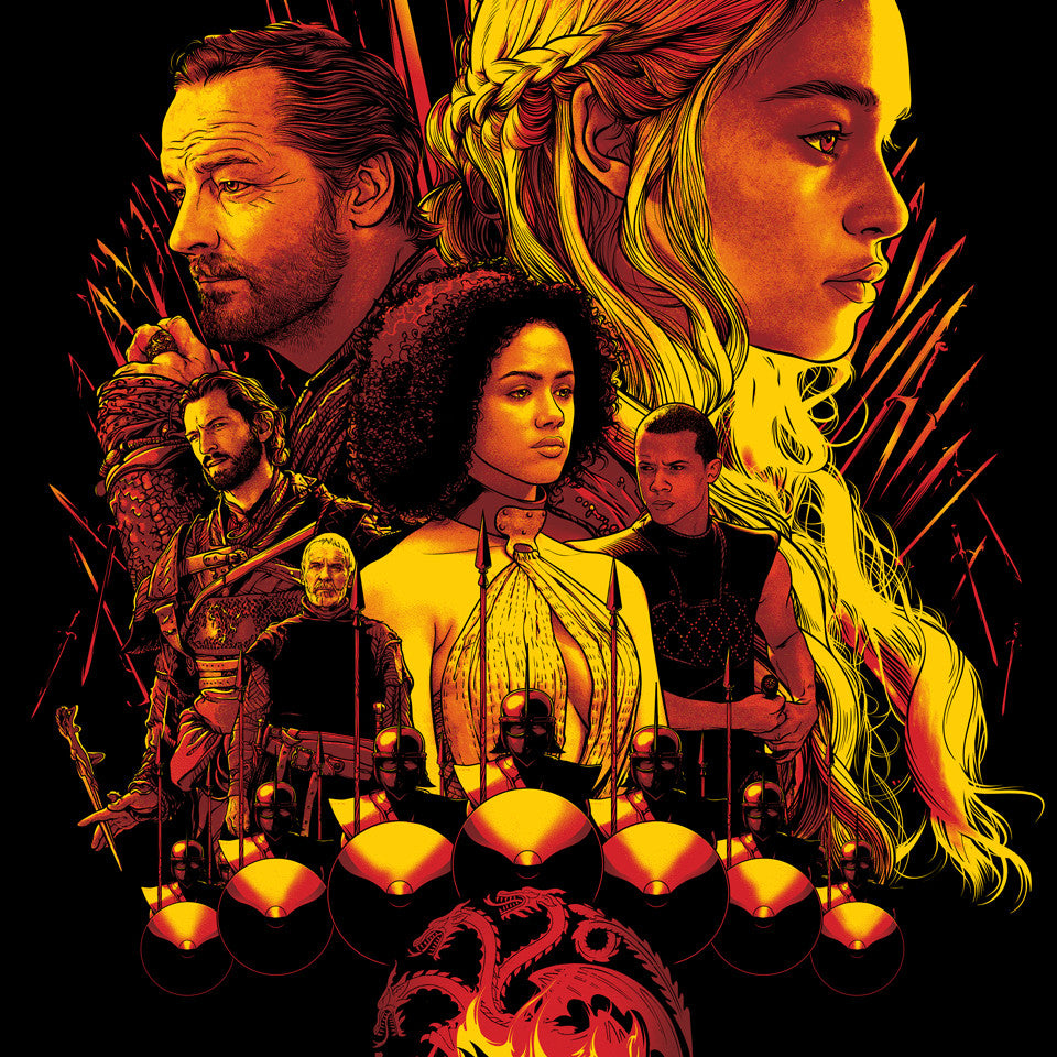 A Joshua Budich illustrated collage depicts medieval fantasy characters with a braided blonde woman atop a throne of swords, inspired by Lord of the Thrones. Warriors and noblewomen stand below her, while a screen-printed dragon symbol completes the scene at the bottom.