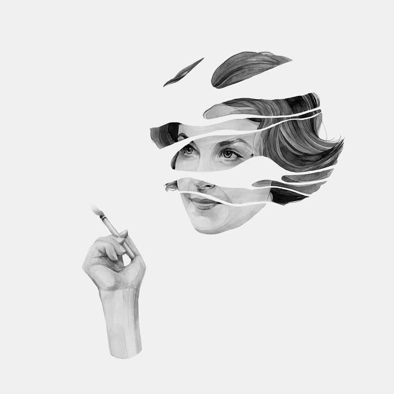 Surreal grayscale artwork of a fragmented womans face on Bristol board, with finely detailed eyes and lips. Below, a disembodied hand holds a lit match against a blank background, capturing the ethereal touch of Kate Copelands watercolor style.