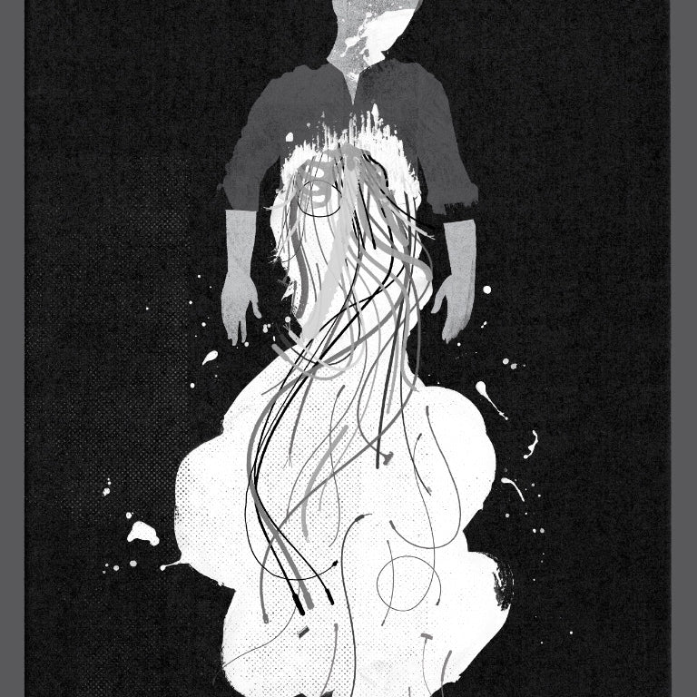 Abstract black and white illustration by Keith Negley depicts a person with smudged features on watercolor paper. The lower half blends into swirling lines and paint splashes on a dark background, evoking a fine art giclee print.