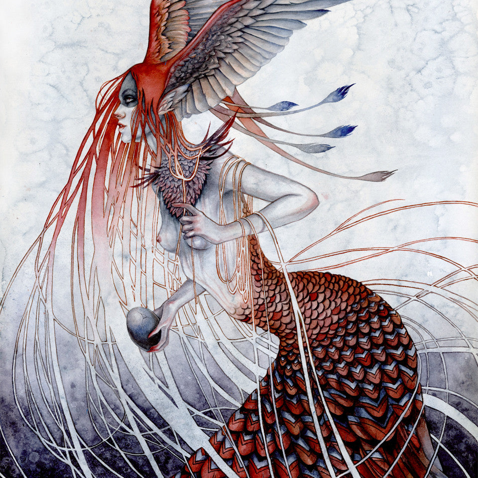 A surreal scene by Kelly McKernan features a figure with a human upper body and fish tail, wearing a feathered bird-like headdress. Elaborate jewelry and flowing lines enhance the ethereal atmosphere, evoking an otherworldly dream herald.