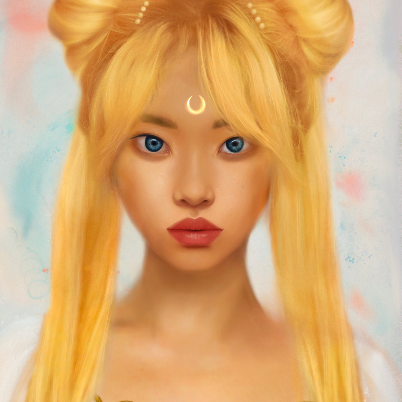 Kemi Mai - "Serenity" Print - portrait of a woman with two buns in her blonde hair and Sailor Moon crest on forehead