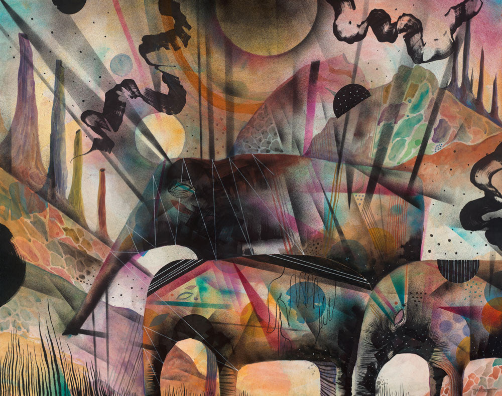 Ken Gardunos abstract artwork for the Supersonic Electronic Invitational features a vibrant elephant with geometric shapes and swirling patterns in blue, orange, and pink hues. Stylized trees, suns, and clouds create a surreal atmosphere, blending natural with fantastical elements.