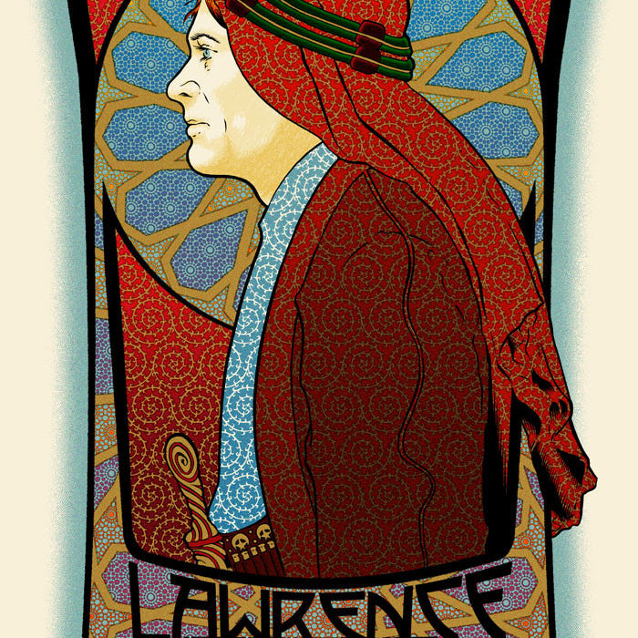 This Chuck Sperry limited edition screen print, inspired by Lawrence of Arabia, showcases a side profile of a man in traditional Middle Eastern attire against a colorful geometric background, with the text A Film by David Lean at the bottom.