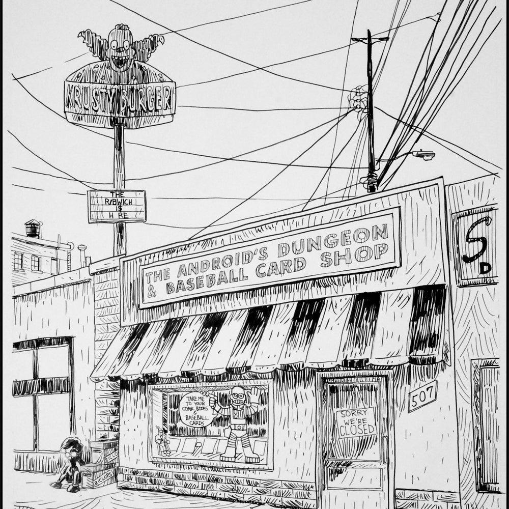 Tim Doyles original pen and ink drawing of a street scene features The Androids Dungeon & Baseball Card Shop with a striped awning and a Krusty Burger sign in the background. Power lines crisscross above as a person sits on the sidewalk, reflecting his signature style in whats humorously dubbed the worst print ever.
