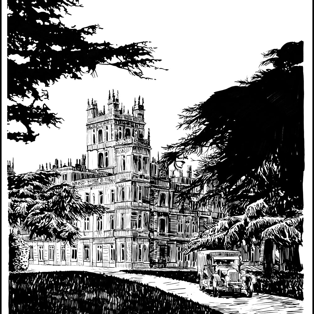 A pen and ink illustration of a grand, ornate mansion reminiscent of Downton Abbey, featuring castle-like towers and intricate details. Framed by trees, a vintage car sits on the curved entrance path, showcasing timeless elegance in this Tim Doyle-inspired work.