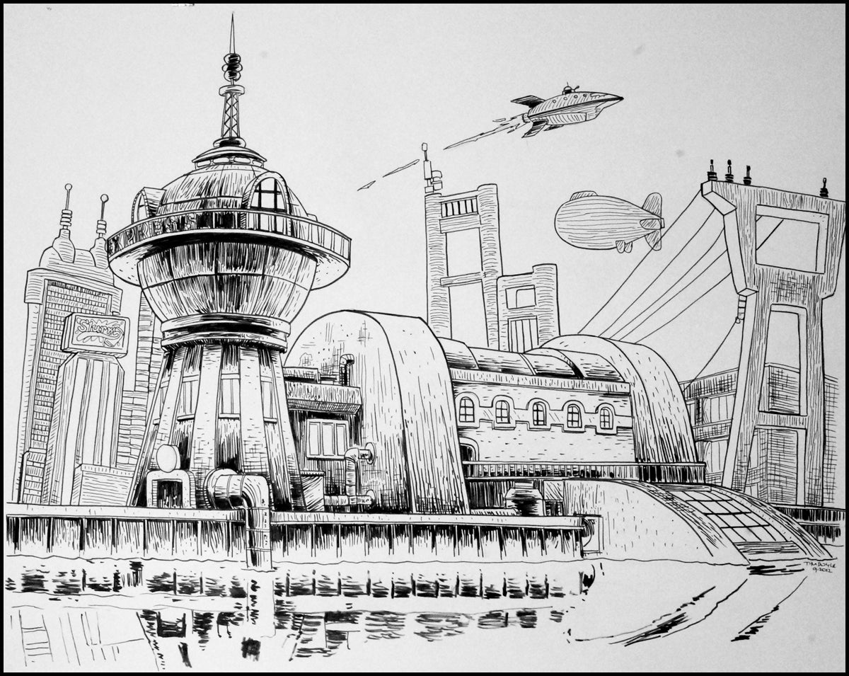 This drawing, in Tim Doyles signature style, shows a futuristic cityscape with dome-topped buildings and antennas. A spaceship and blimp soar above, while Good News Everyone is written beside water and a large bridge structure on the right.