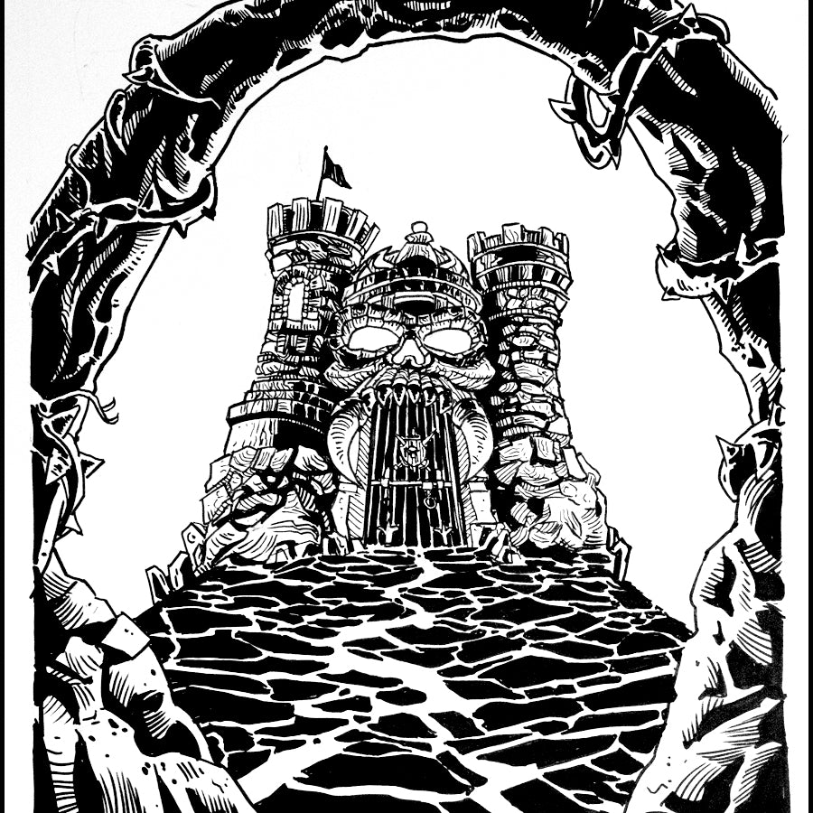 Tim Doyles original pen and ink illustration showcases a fantasy castle with skull-like features, surrounded by towering rocks and vines. The castle has tall towers, a detailed gate, and is viewed through an archway of twisted branches.