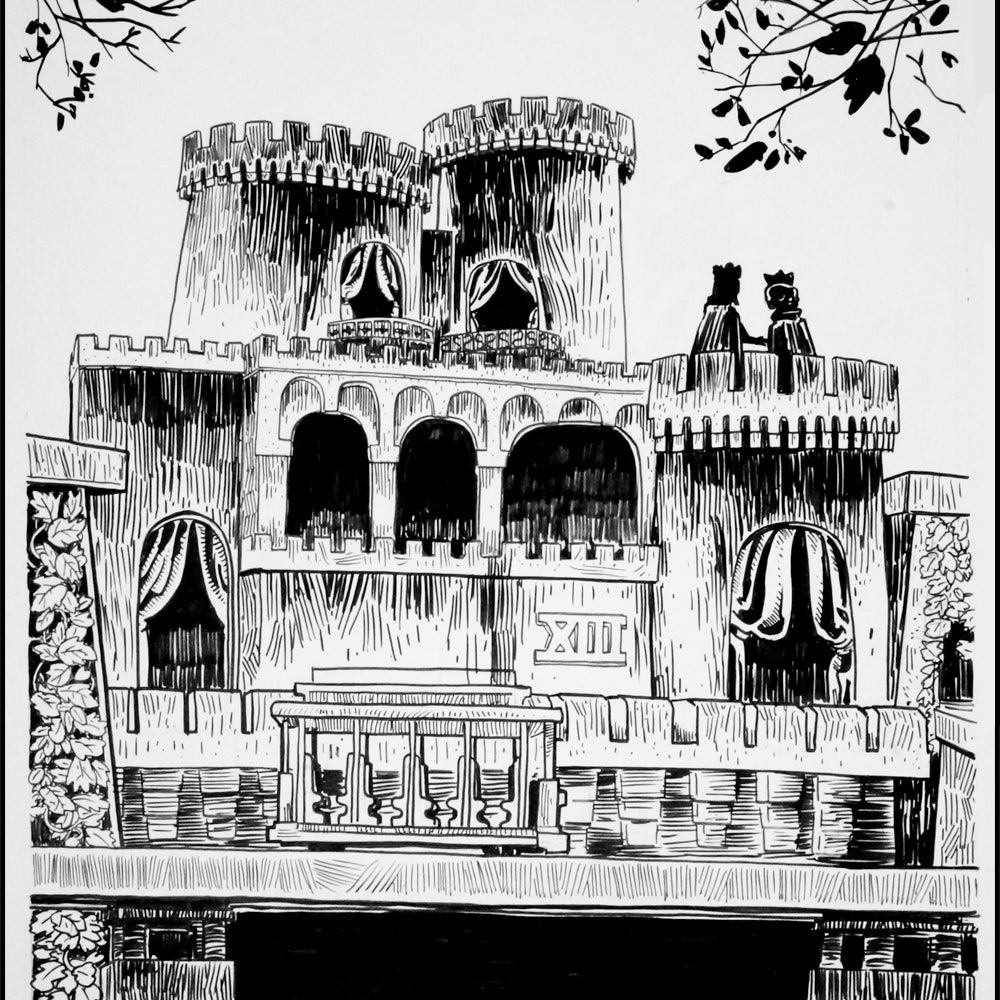 A black and white Tim Doyle illustration features a medieval castle with two round towers, arched windows with draped curtains. Leafy branches frame the top, enhancing this dramatic pen and ink piece, perfect for striking framed artwork.