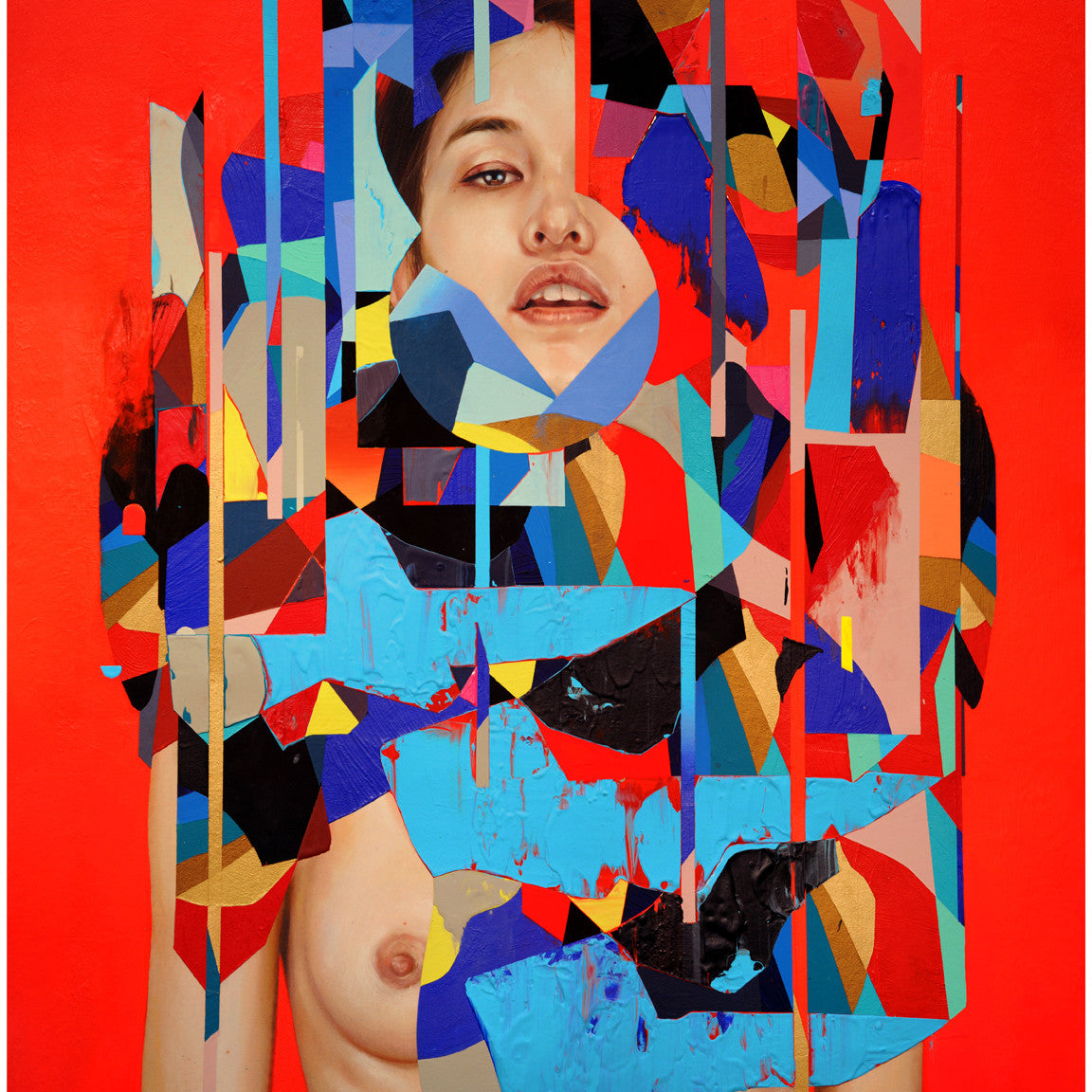 Erik Jones offers a surreal portrait featuring a person against a vivid red background in a fine art giclée print. Fragmented geometric patterns blend realism and abstract art on the face and upper body, printed with UV-resistant ink on acid-free paper.