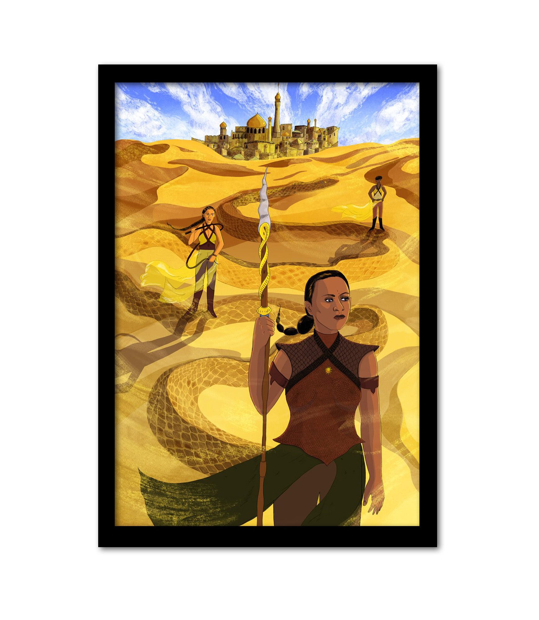 A Sand Snake holding a spear stands with two warriors on sandy ground before a castle, set against a blue sky. This archival pigment print masterpiece by Lily Padula is a captivating tribute to George R.R. Martin.