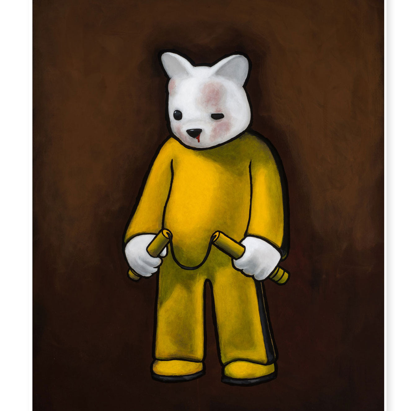 A whimsical cartoon character with a bear-like head and one closed eye, donning a yellow outfit and holding nunchucks, stands against a dark brown background. This vibrant design by Luke Chueh is ideal for giclee print under UV-resistant plexiglass.