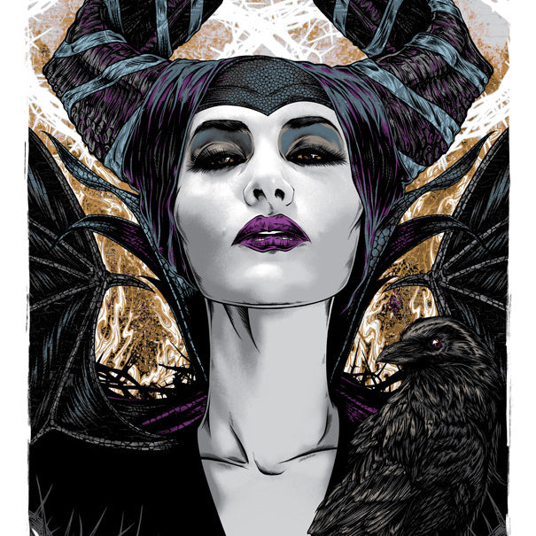 Rhys Coopers screen-printed illustration captures an enigmatic allure with a woman in dramatic purple makeup and a black horned headdress, evoking the Mistress of All Evil. She wears a sharp-angled dark outfit, accompanied by a black crow against a textured mystical backdrop.