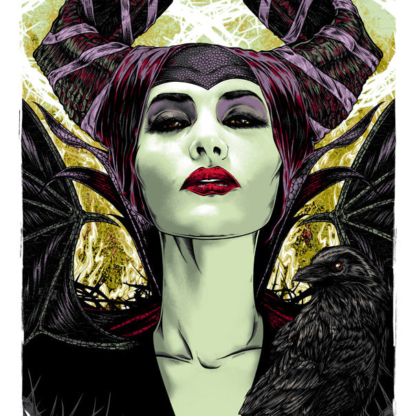 The Rhys Cooper screen print features the Mistress of All Evil, striking in green skin and a large horned headdress. Dressed in black with spiked details, she poses confidently with a black bird on her shoulder against abstract gold and white designs.