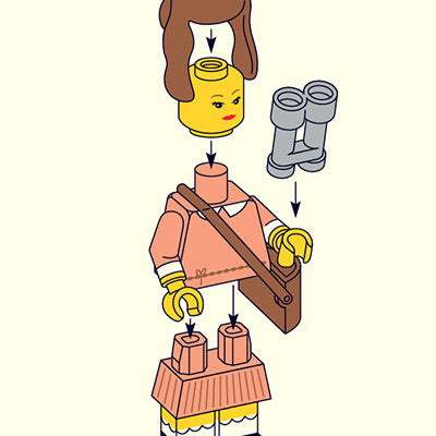 This Matt Chase illustration showcases Suzy, a disassembled LEGO character with brown hair, a pink outfit, binoculars, and a bag. Arrows show the assembly order on an archival pigment print against a light yellow background.