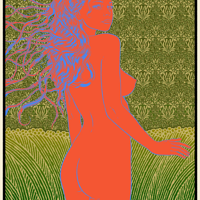 A custom-framed psychedelic poster by Chuck Sperry features a woman with flowing hair among swirling patterns. The vibrant orange, blue, and green tones highlight Moonalice 420 and detail a 2014 San Francisco event.