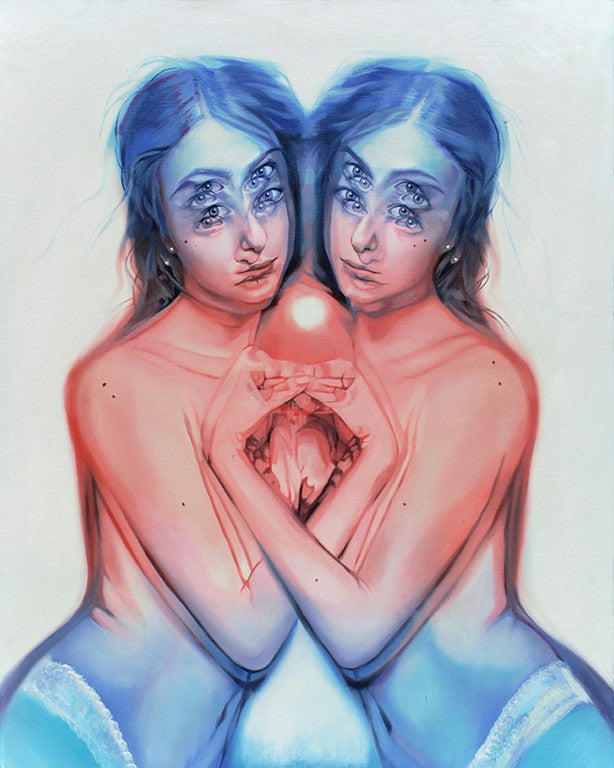 In this oil on canvas by Alex Garant, surreal art depicts mirrored figures with multiple eyes holding a glowing orb, blending bluish and pinkish hues to evoke an ethereal, dreamlike atmosphere reminiscent of a make-believe world.