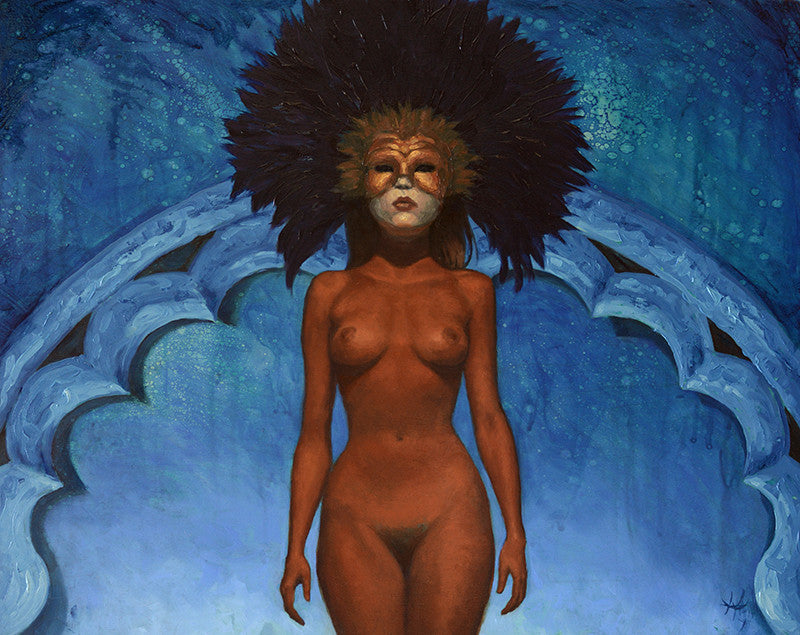 Mandy Tsungs oil and acrylic painting features a nude figure with an intricate dark feathered headdress. A mask, akin to those in Eyes Wide Shut, adds to the mystical feel against an arched blue backdrop.