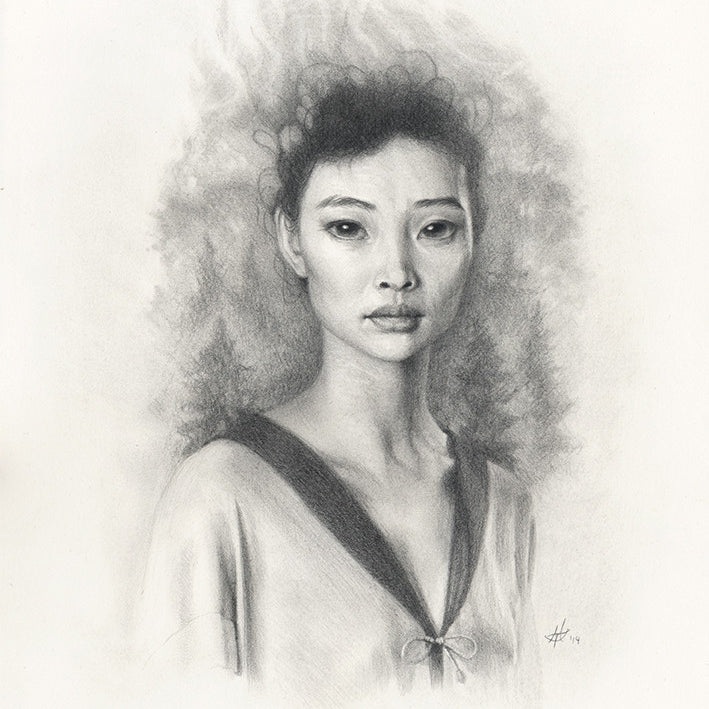 A pencil drawing features a woman with short hair, a bow-neckline garment, and a serene expression. The graphite on Arches paper adds abstract textures, enhancing focus—an homage to Mandy Tsung artwork.