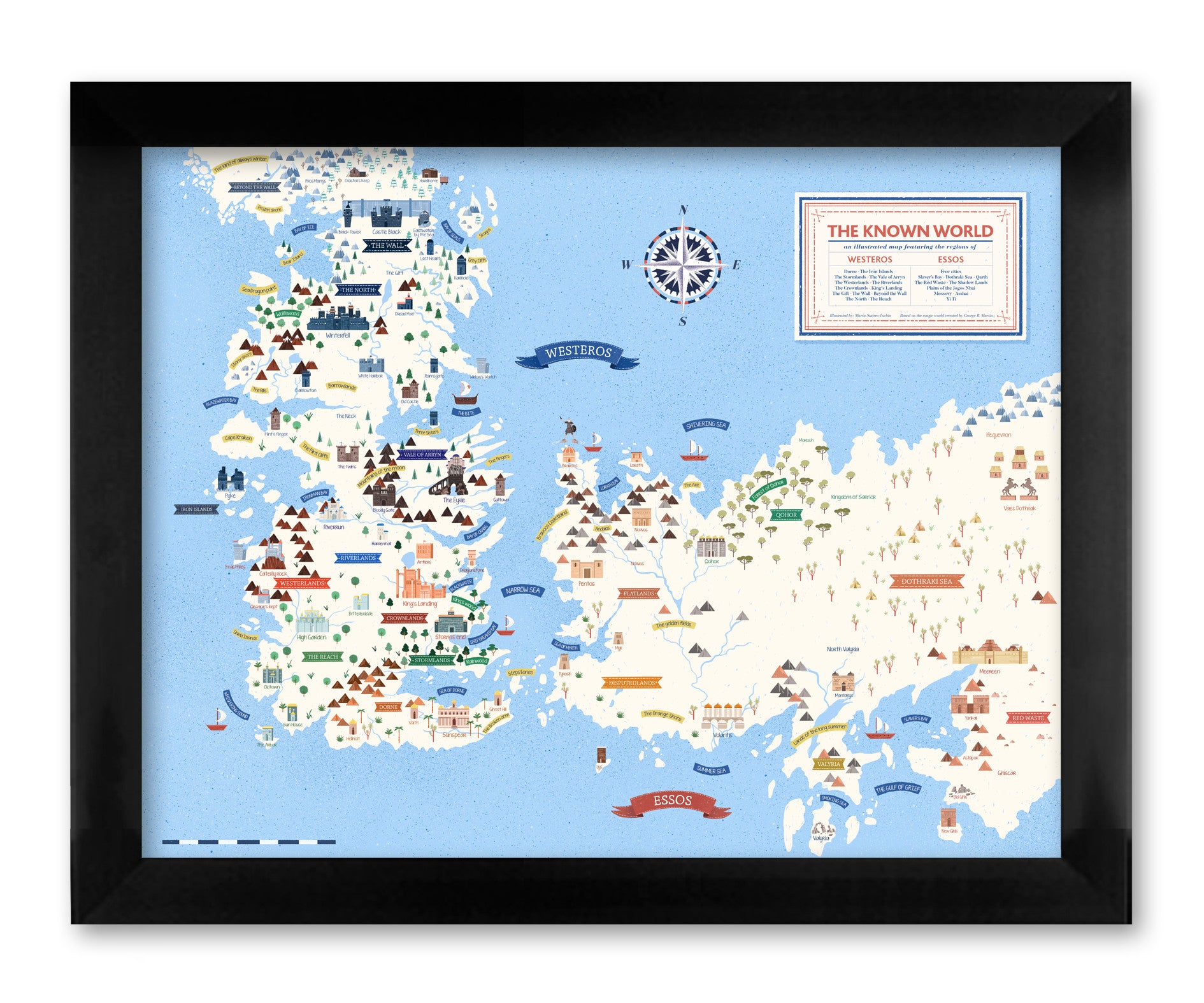 This digital art print by Maria Suarez-Inclan is a tribute to George R.R. Martin, featuring a framed illustrated map of a fictional world with continents, colorful icons, castles, ships, seas, a compass rose, and banners labeled Westeros and Essos.