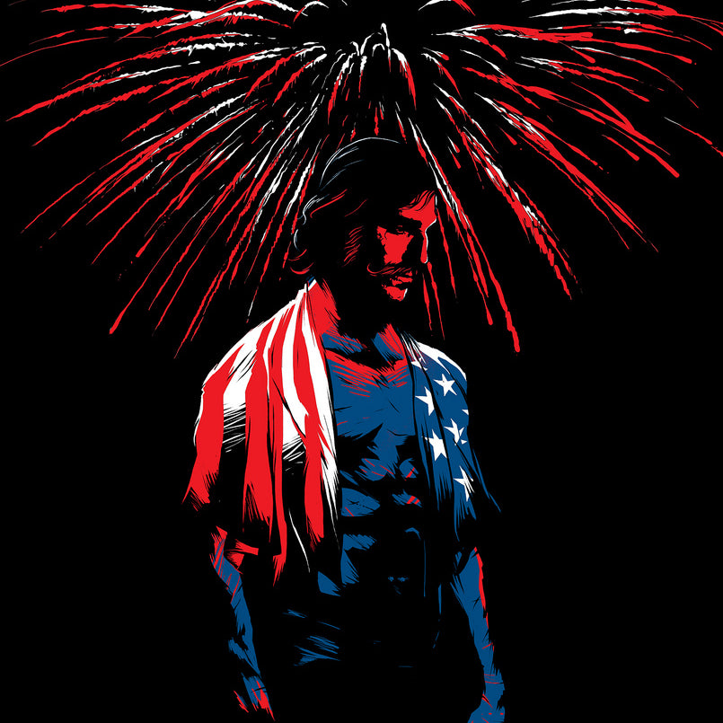This limited edition Matt Taylor screen print features a man wrapped in an American flag against a dark backdrop, with fireworks in red, white, and blue bursting above, showcasing a patriotic theme with vibrant, bold lines.